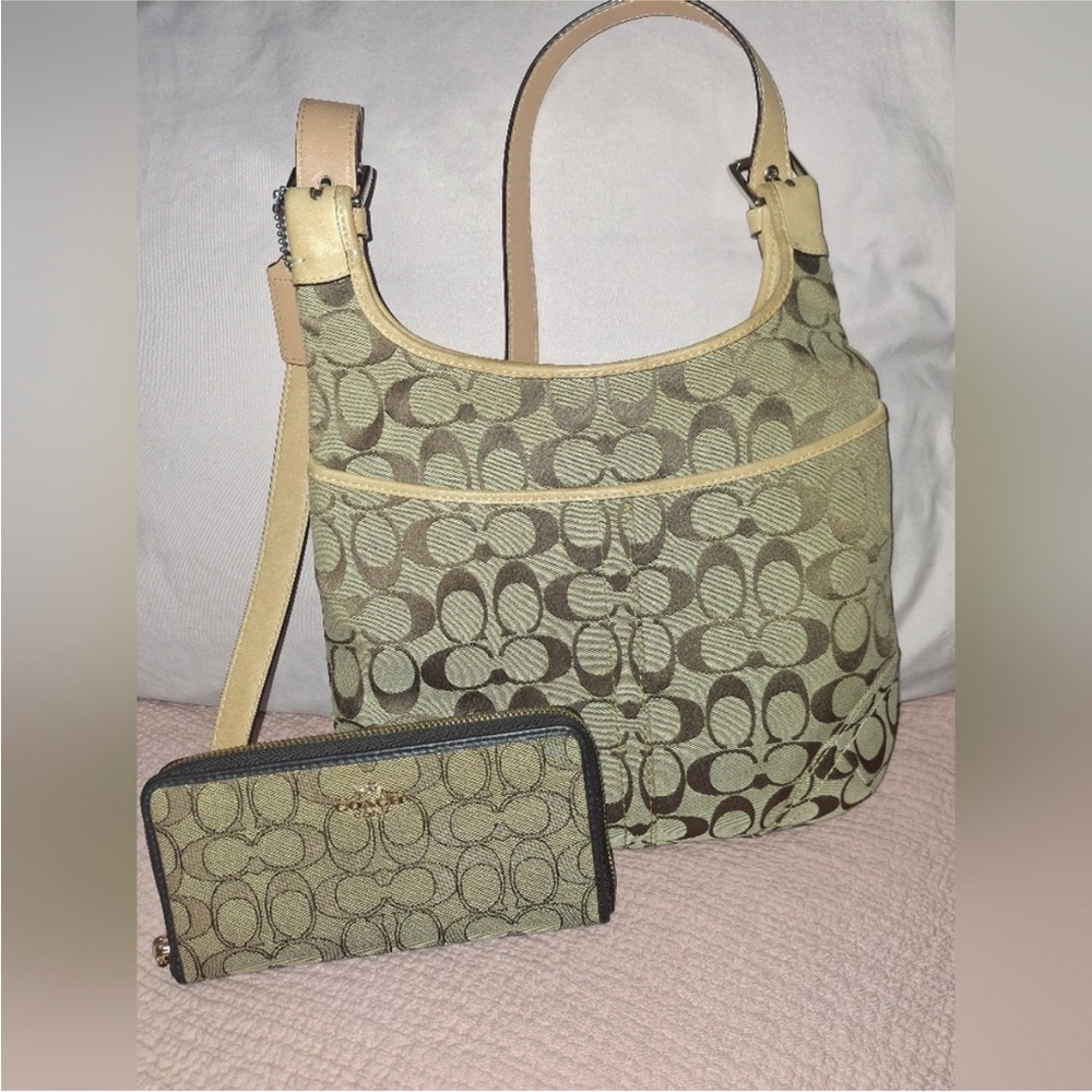 Coach Beige and Brown W/Signature C print Canvas Shoulder Bag W/matching wallet